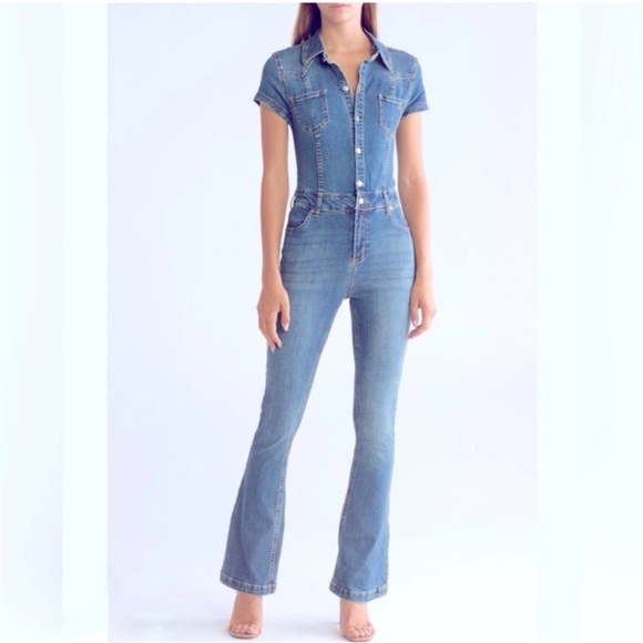 Juicy Couture Pants - Juicy Couture 90s Y2K Baby Flare Stretch Denim Short Sleeve Jumpsuit size XS